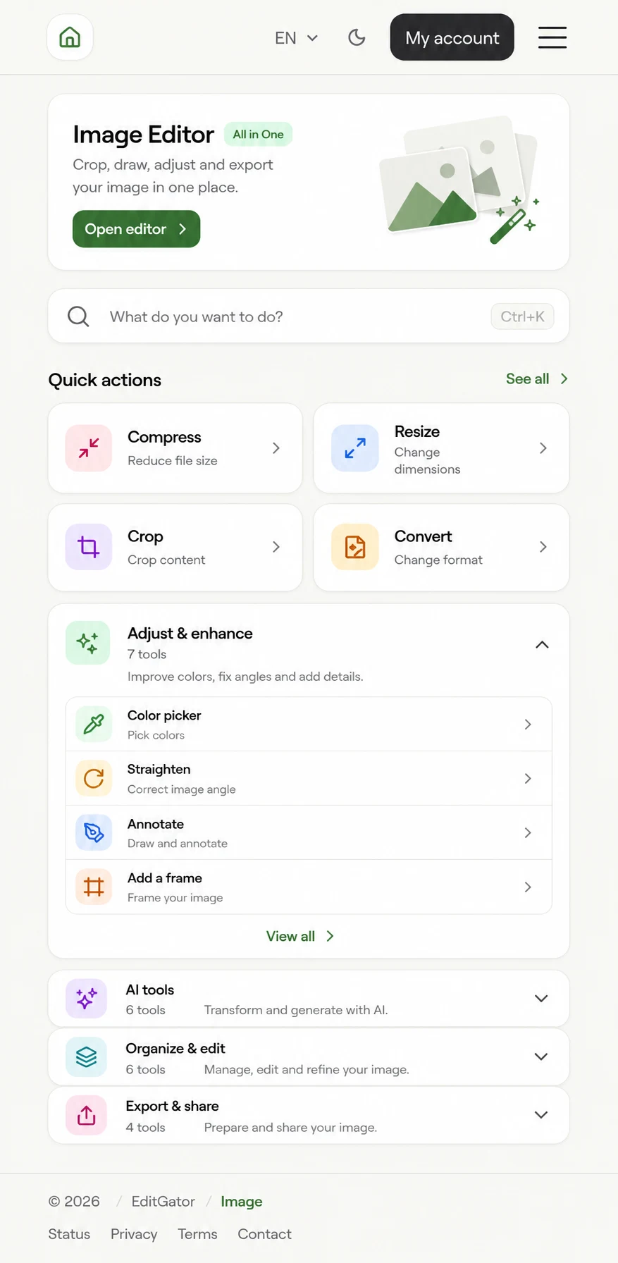 EditGator image editor design concept 1: Focused launchpad
