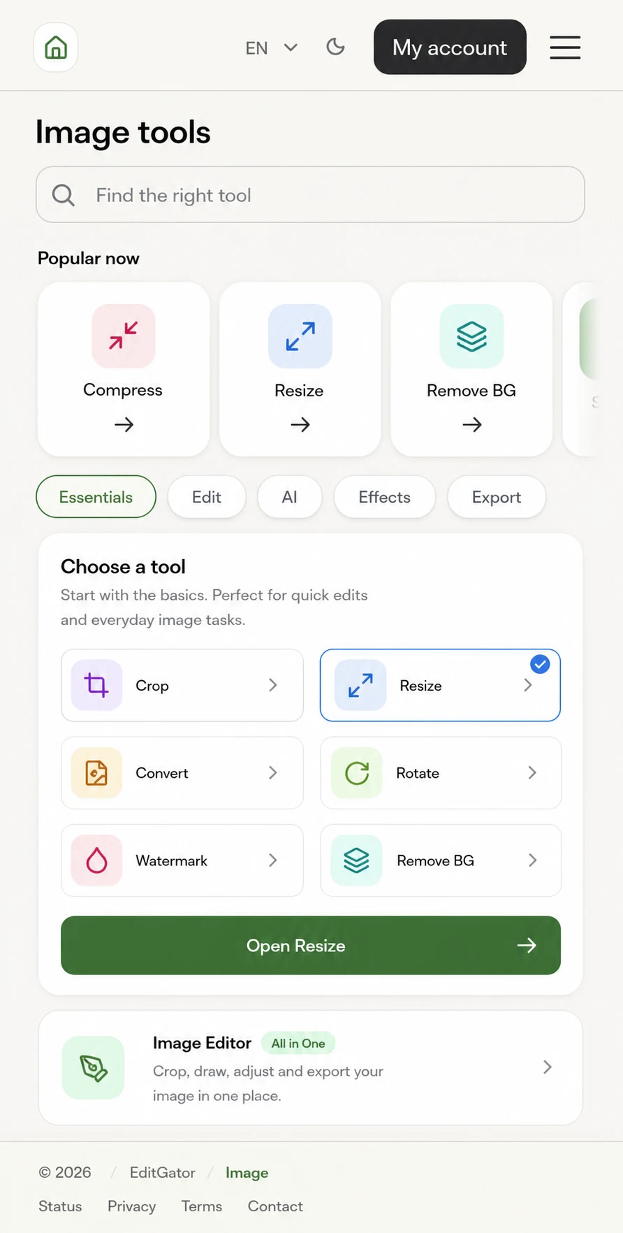 EditGator image editor design concept 3: Swipeable workbench