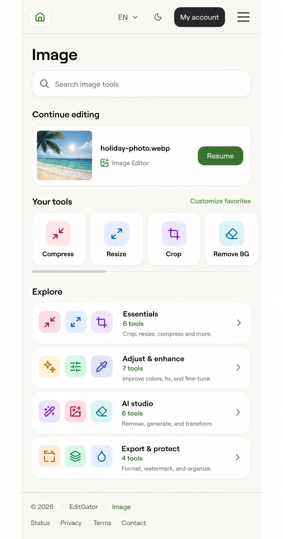 EditGator image editor design concept 4: Personal tool shelf