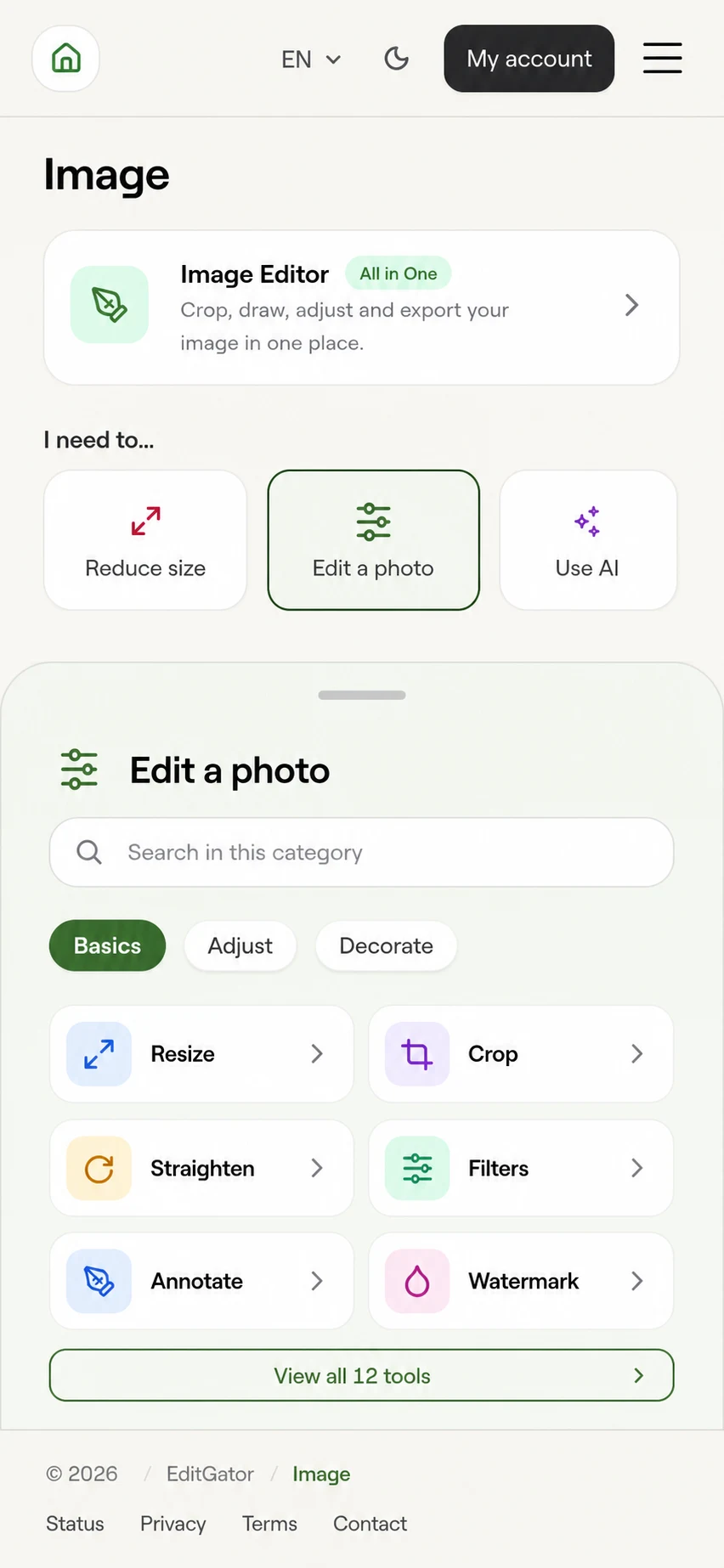 EditGator image editor design concept 6: Tool finder sheet