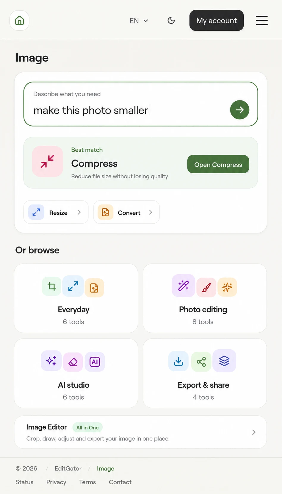 EditGator image editor design concept 8: Command palette home