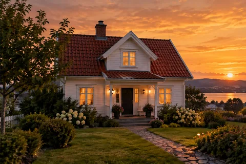 After: A daytime cottage changes to a sunset scene.